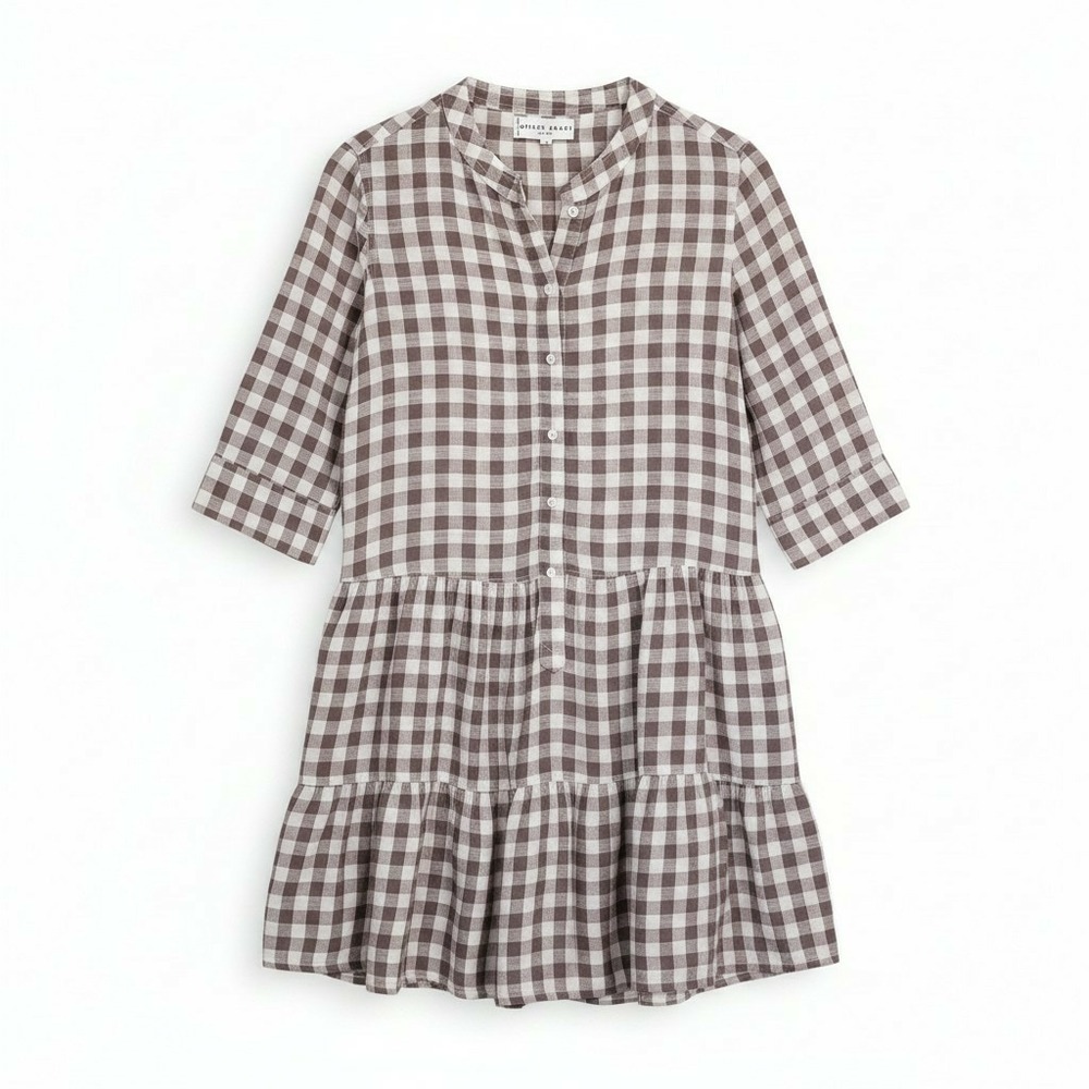 Apiece Apart Brown & Cream Tiered Gingham Cotton & Linen Mini Dress, Size Small